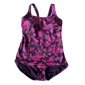 Lands’ End One Piece Swimsuit 14 Purple Pink Floral Tummy Control Built In Bra